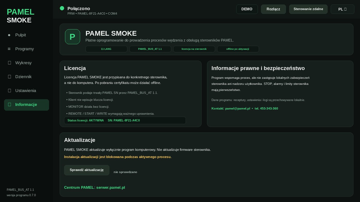 Ekran Informacje i licencja PAMEL SMOKE