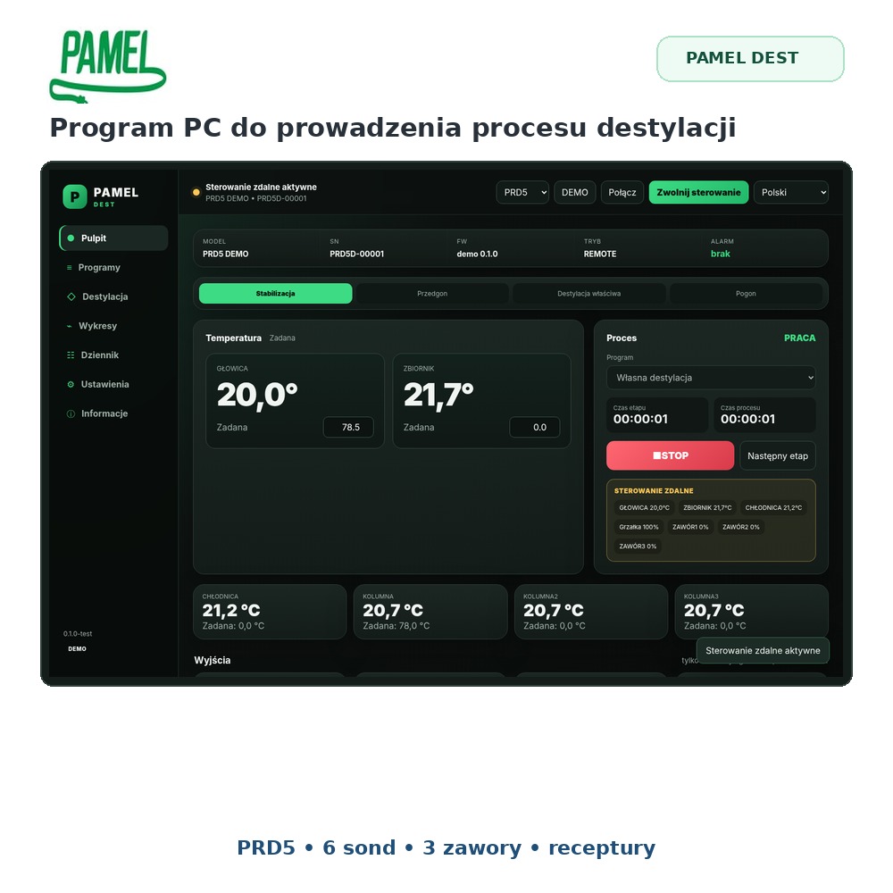 PAMEL DEST – program PC do sterowania procesem destylacji PRM, PRD3, PRD4, PRW USB