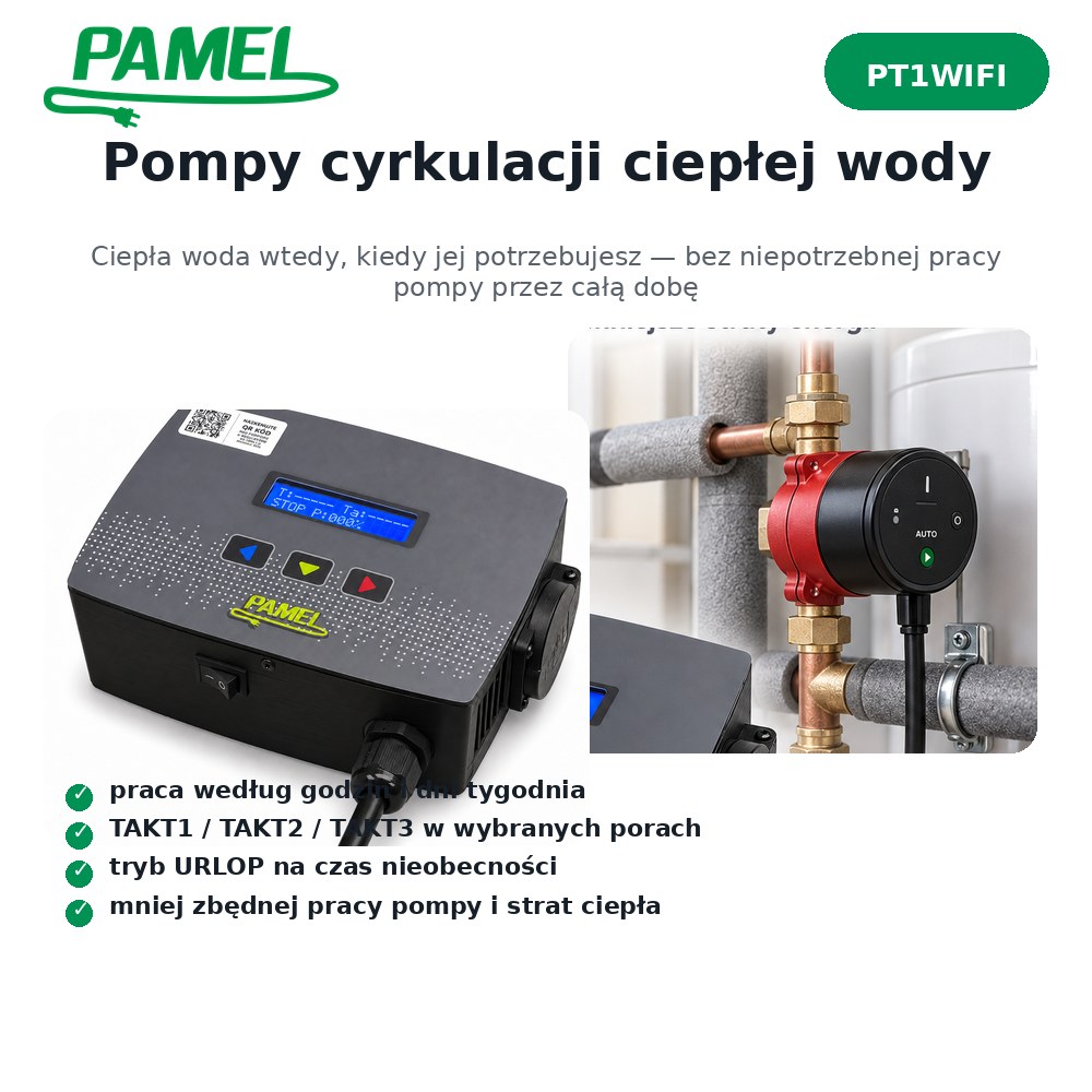 PAMEL PT1WIFI – programator czasowy Wi‑Fi | S8 7 dni, tryb URLOP