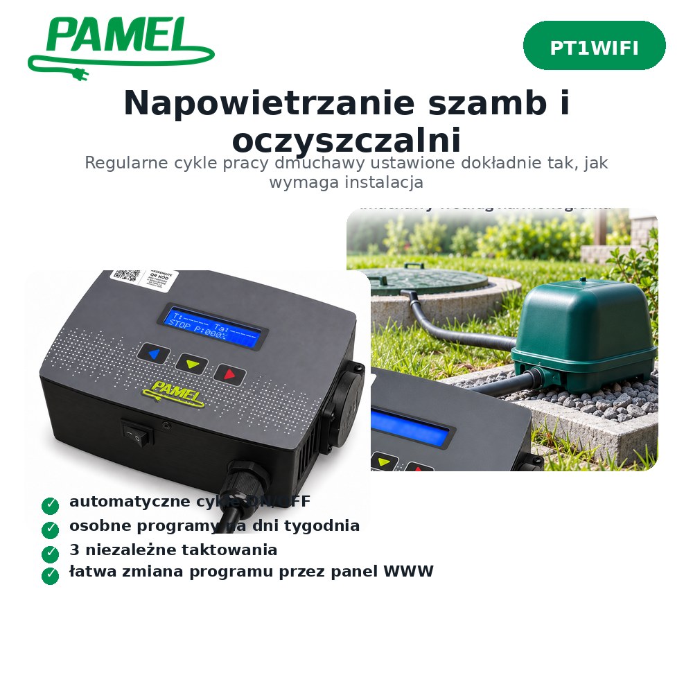 PAMEL PT1WIFI – programator czasowy Wi‑Fi | S8 7 dni, tryb URLOP