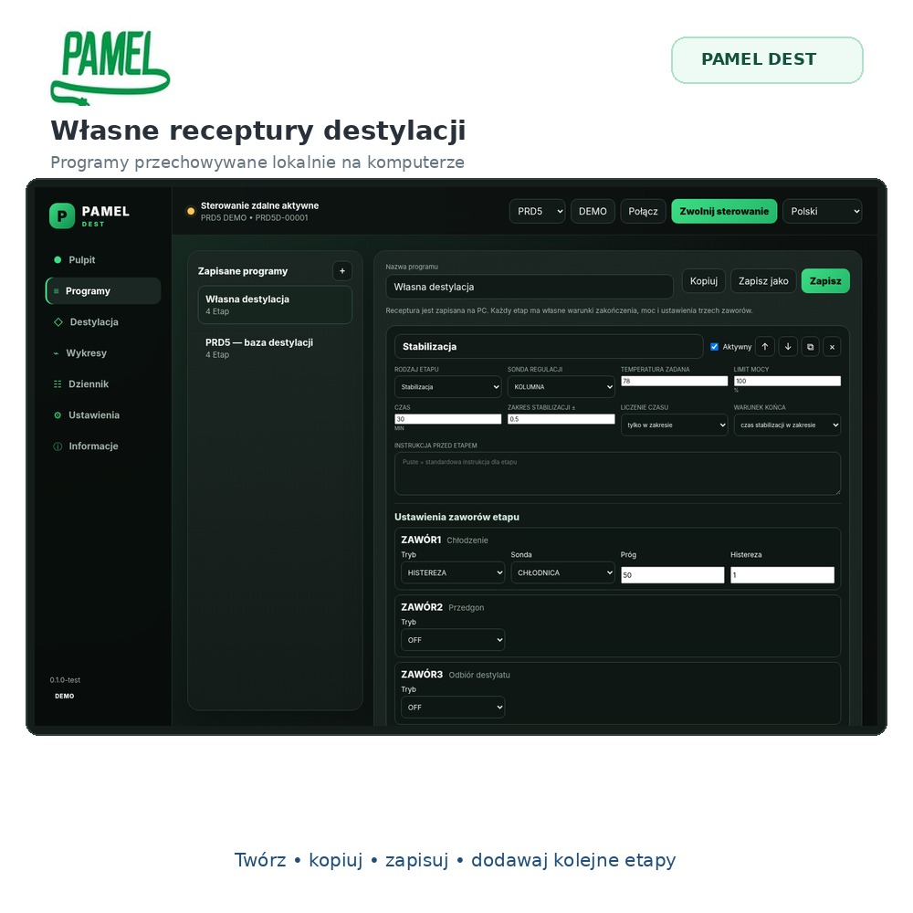 PAMEL DEST – program PC do sterowania procesem destylacji PRM, PRD3, PRD4, PRW USB