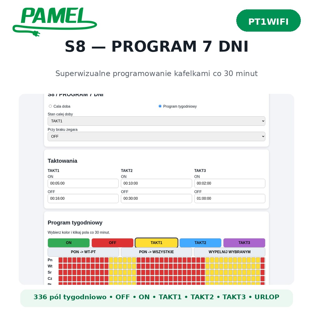 PAMEL PT1WIFI – programator czasowy Wi‑Fi | S8 7 dni, tryb URLOP