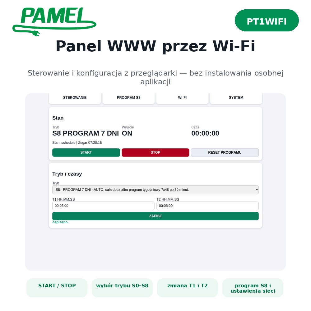 PAMEL PT1WIFI – programator czasowy Wi‑Fi | S8 7 dni, tryb URLOP