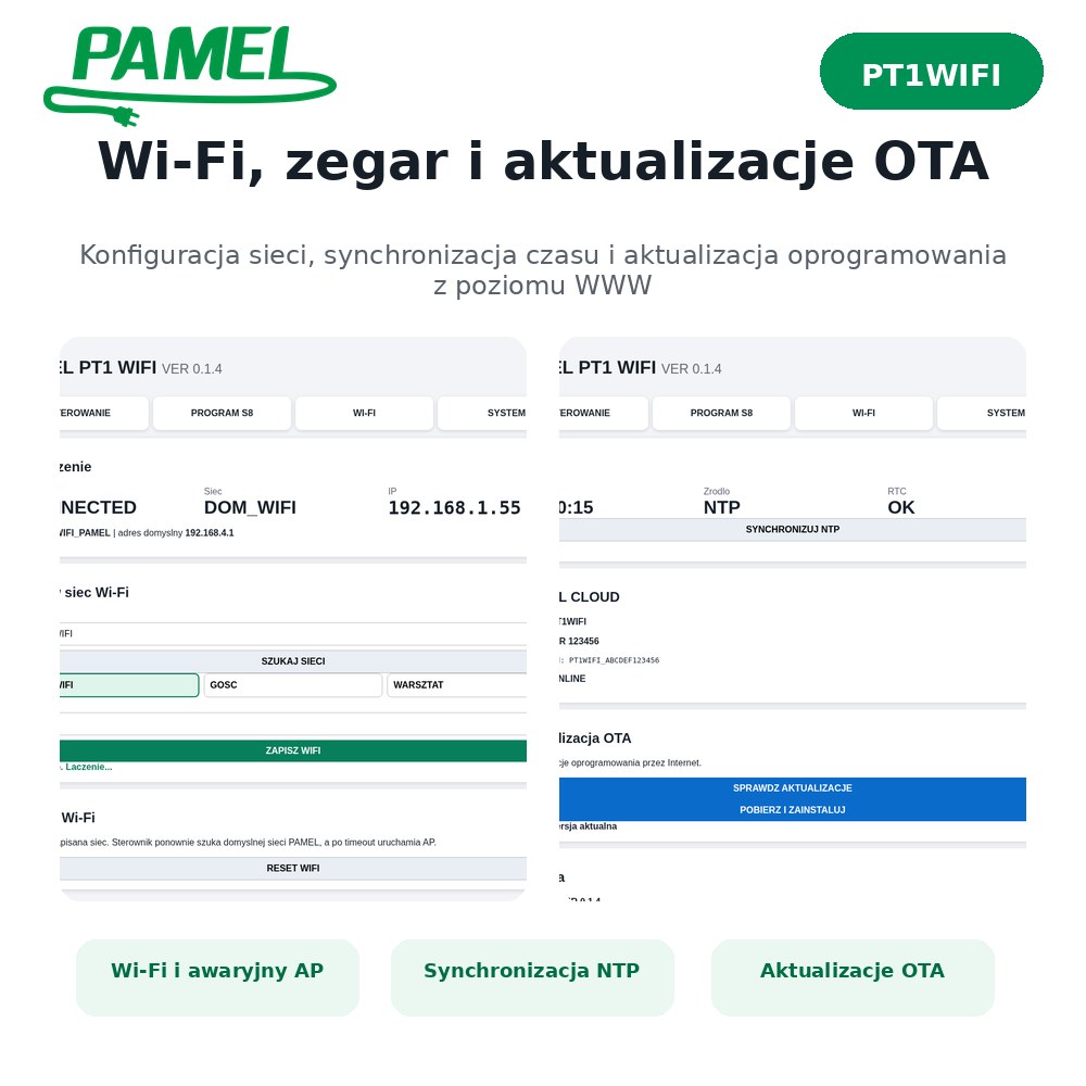 PAMEL PT1WIFI – programator czasowy Wi‑Fi | S8 7 dni, tryb URLOP