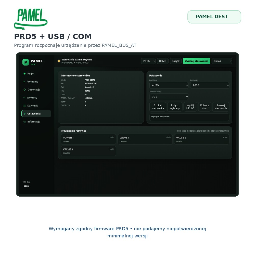 PAMEL DEST – program PC do sterowania procesem destylacji PRM, PRD3, PRD4, PRW USB
