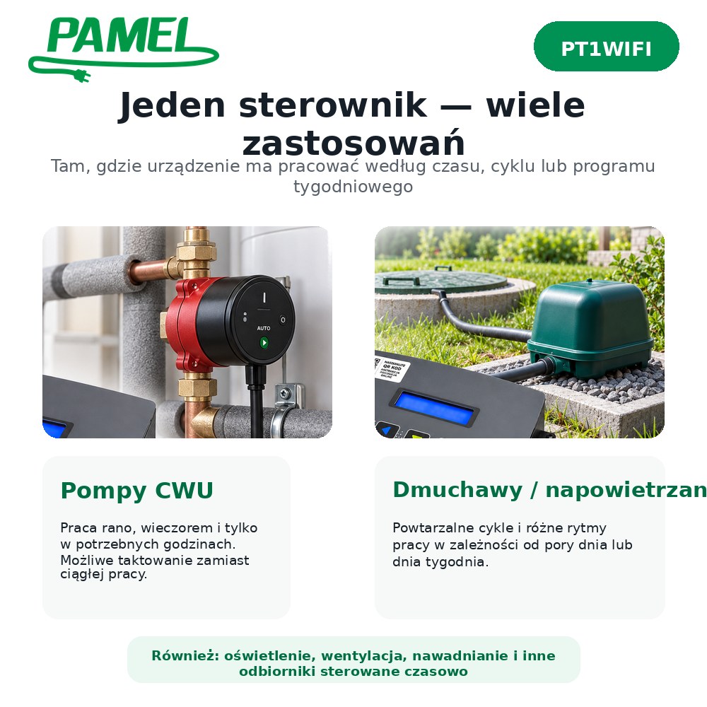 PAMEL PT1WIFI – programator czasowy Wi‑Fi | S8 7 dni, tryb URLOP